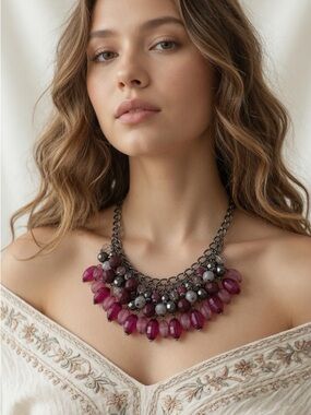 Pink Purple Hematite Gray Beads Gunmetal Statement Necklace Boho
